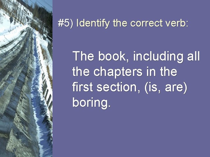 #5) Identify the correct verb: The book, including all the chapters in the first