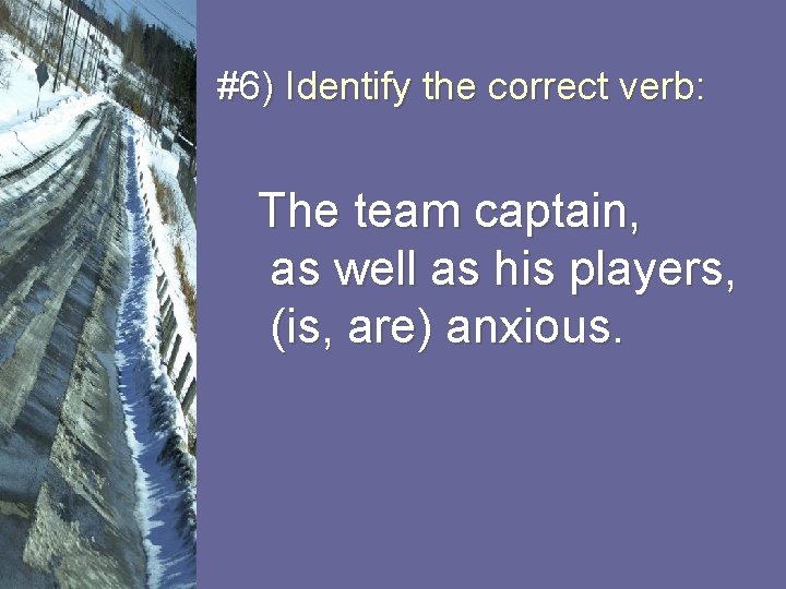 #6) Identify the correct verb: The team captain, as well as his players, (is,