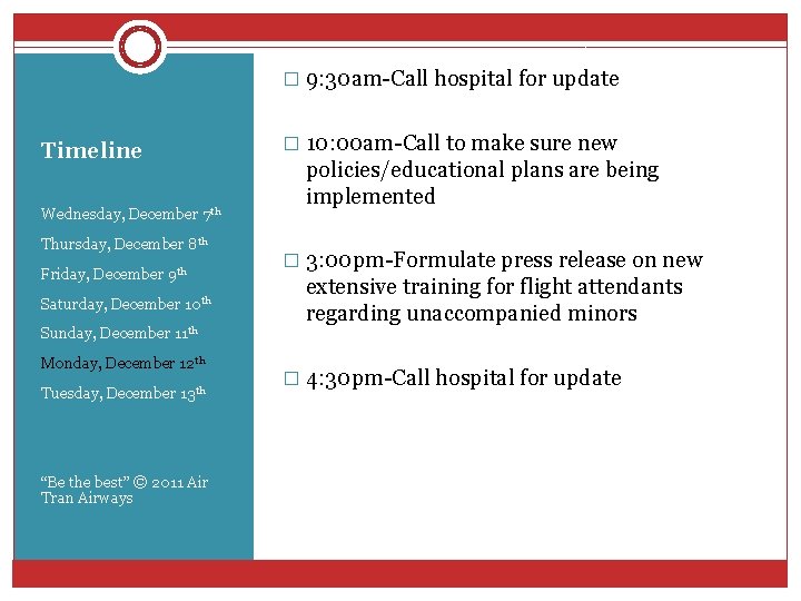 � 9: 30 am-Call hospital for update Timeline Wednesday, December 7 th Thursday, December