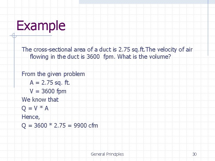 Example The cross-sectional area of a duct is 2. 75 sq. ft. The velocity