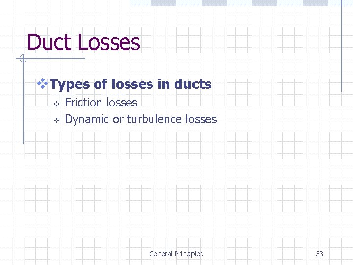 Duct Losses v. Types of losses in ducts v v Friction losses Dynamic or