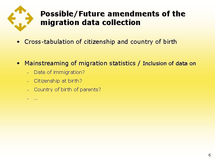 Possible/Future amendments of the migration data collection w Cross-tabulation of citizenship and country of
