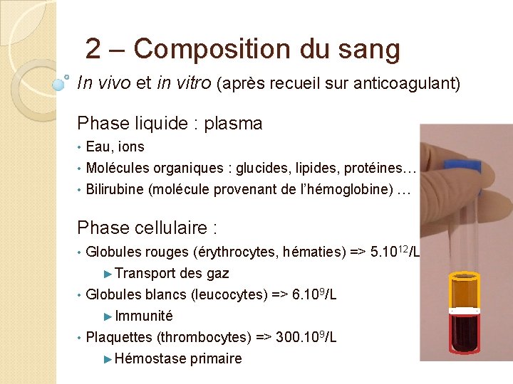 2 – Composition du sang In vivo et in vitro (après recueil sur anticoagulant)