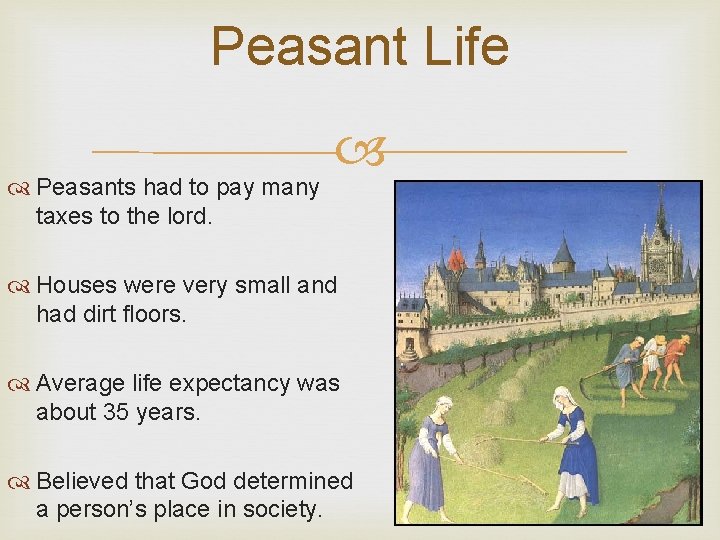 Peasant Life Peasants had to pay many taxes to the lord. Houses were very