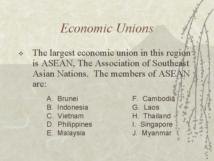 Economic Unions v The largest economic union in this region is ASEAN, The Association