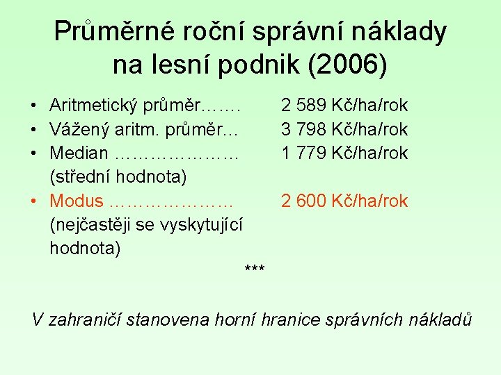 Průměrné roční správní náklady na lesní podnik (2006) • Aritmetický průměr……. • Vážený aritm.