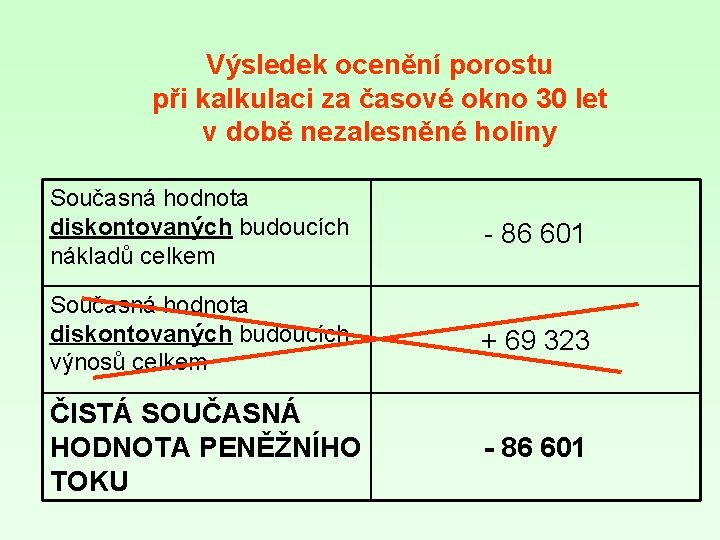 Výsledek ocenění porostu při kalkulaci za časové okno 30 let v době nezalesněné holiny