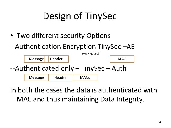 Design of Tiny. Sec • Two different security Options --Authentication Encryption Tiny. Sec –AE