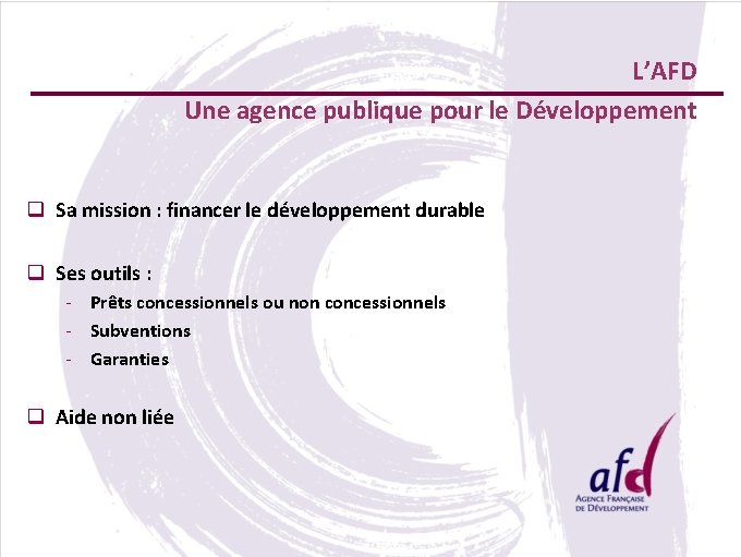 L’AFD Une agence publique pour le Développement q Sa mission : financer le développement