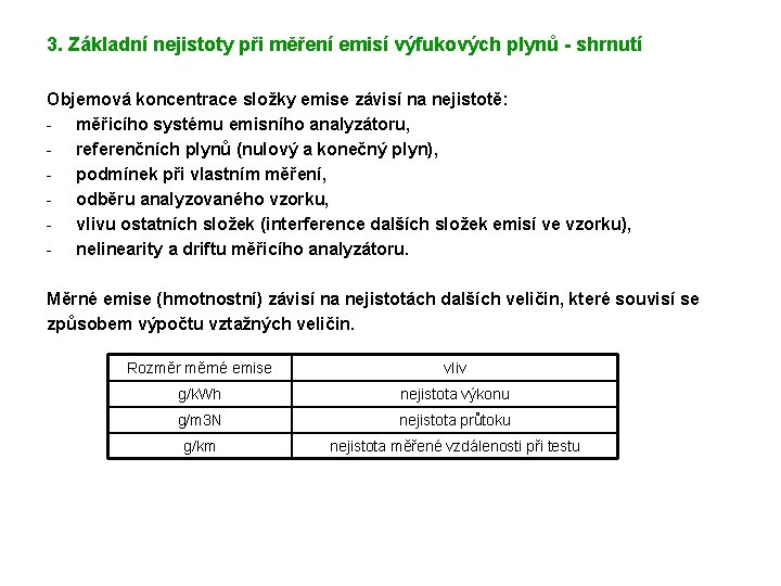 3. Základní nejistoty při měření emisí výfukových plynů - shrnutí Objemová koncentrace složky emise