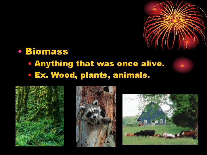  • Biomass • Anything that was once alive. • Ex. Wood, plants, animals.