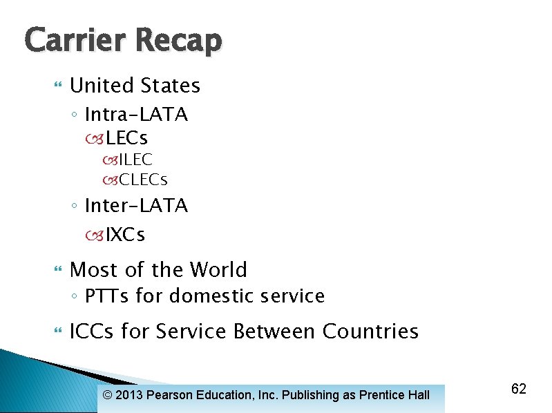 Carrier Recap United States ◦ Intra-LATA LECs ILEC CLECs ◦ Inter-LATA IXCs Most of