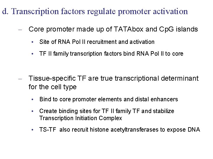 d. Transcription factors regulate promoter activation – Core promoter made up of TATAbox and
