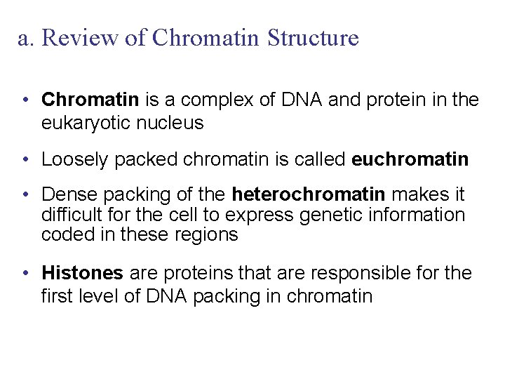 a. Review of Chromatin Structure • Chromatin is a complex of DNA and protein