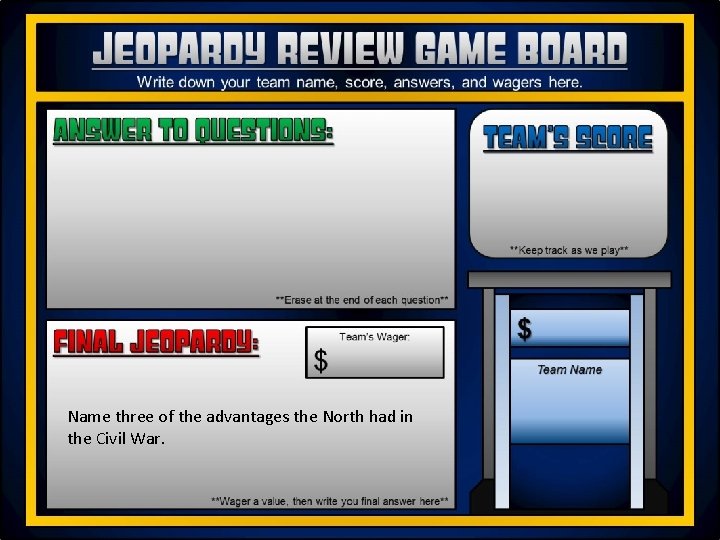 Jeopardy Review Game Board Write down your team name, score, answers, and wagers here.