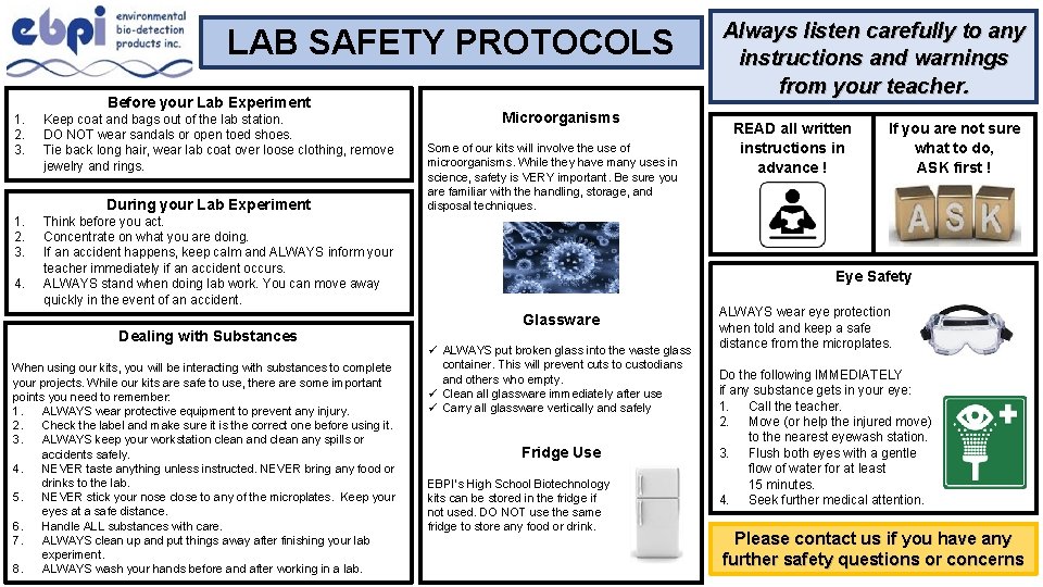 LAB SAFETY PROTOCOLS Before your Lab Experiment 1. 2. 3. Keep coat and bags