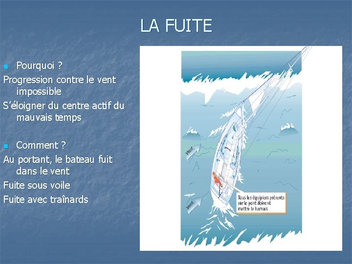 LA FUITE Pourquoi ? Progression contre le vent impossible S’éloigner du centre actif du