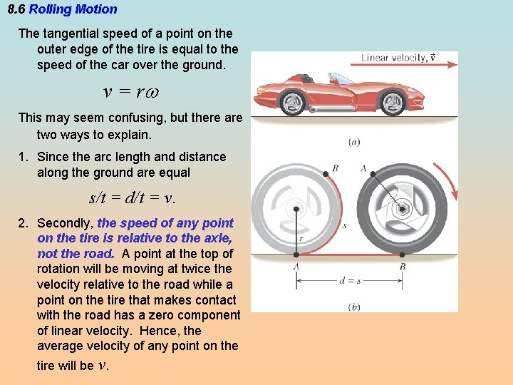 8. 6 Rolling Motion The tangential speed of a point on the outer edge