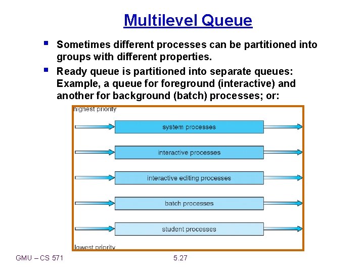 Multilevel Queue § § Sometimes different processes can be partitioned into groups with different
