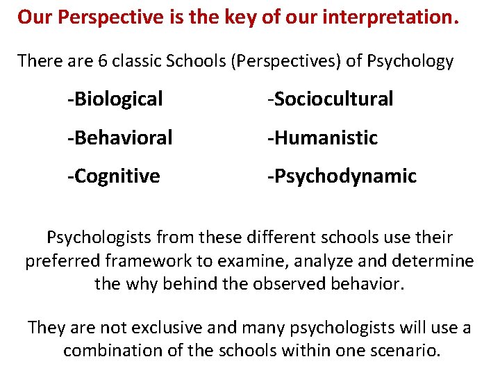 Our Perspective is the key of our interpretation. There are 6 classic Schools (Perspectives)