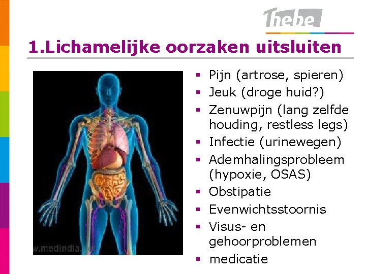 1. Lichamelijke oorzaken uitsluiten § Pijn (artrose, spieren) § Jeuk (droge huid? ) §