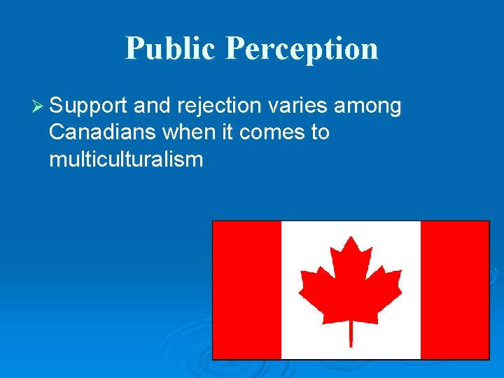 Public Perception Ø Support and rejection varies among Canadians when it comes to multiculturalism