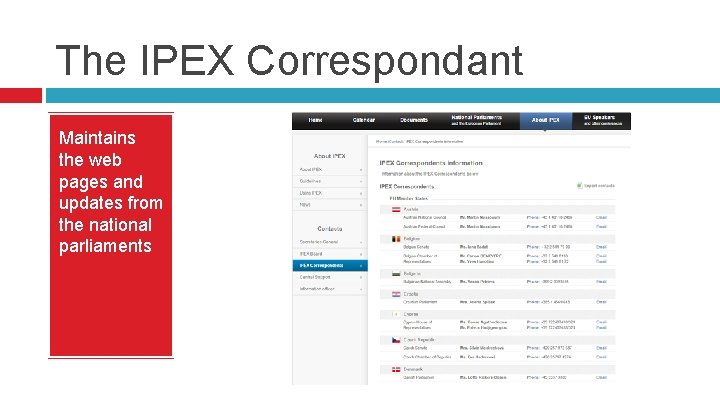 The IPEX Correspondant Maintains the web pages and updates from the national parliaments 