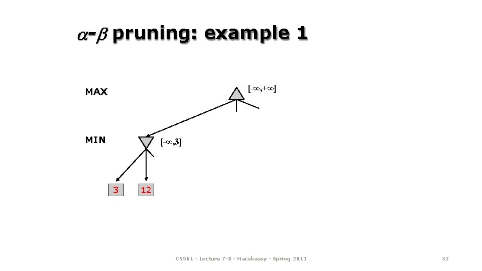 - pruning: example 1 [-∞, +∞] MAX MIN [-∞, 3] 3 12 CS 561