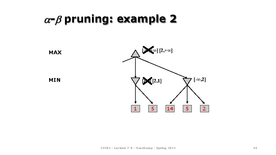 - pruning: example 2 MAX [-∞, +∞] [2, +∞] MIN [2, 5] [2, 1]
