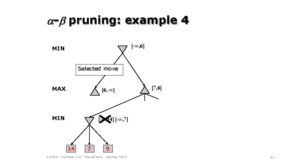 - pruning: example 4 [-∞, 6] MIN Selected move MAX [6, ∞] MIN [7,