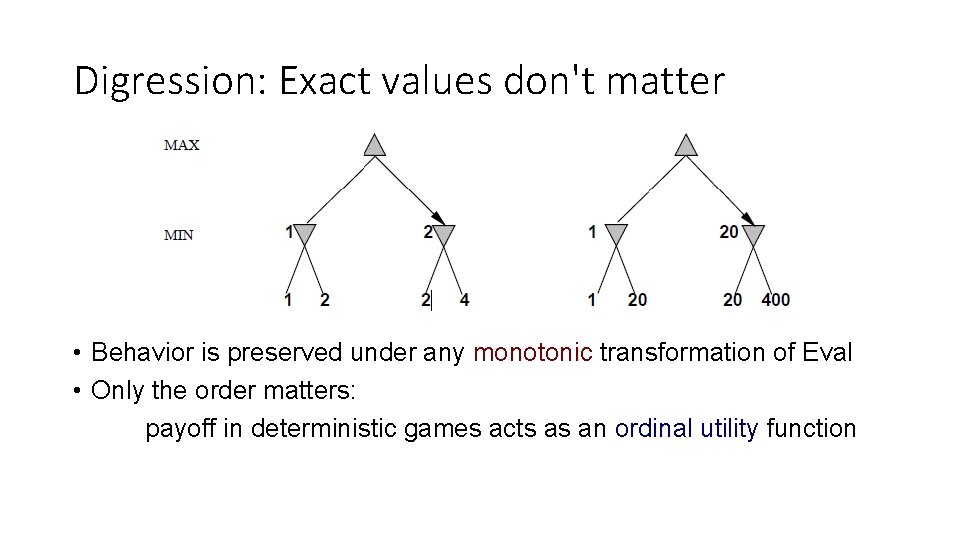 Digression: Exact values don't matter • Behavior is preserved under any monotonic transformation of