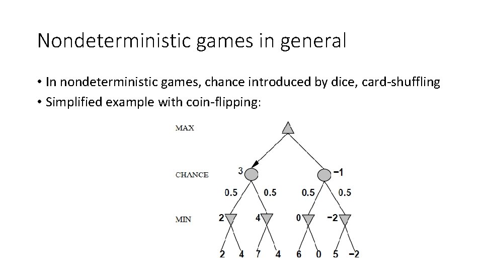 Nondeterministic games in general • In nondeterministic games, chance introduced by dice, card-shuffling •