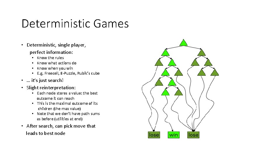 Deterministic Games • Deterministic, single player, perfect information: • • Know the rules Know