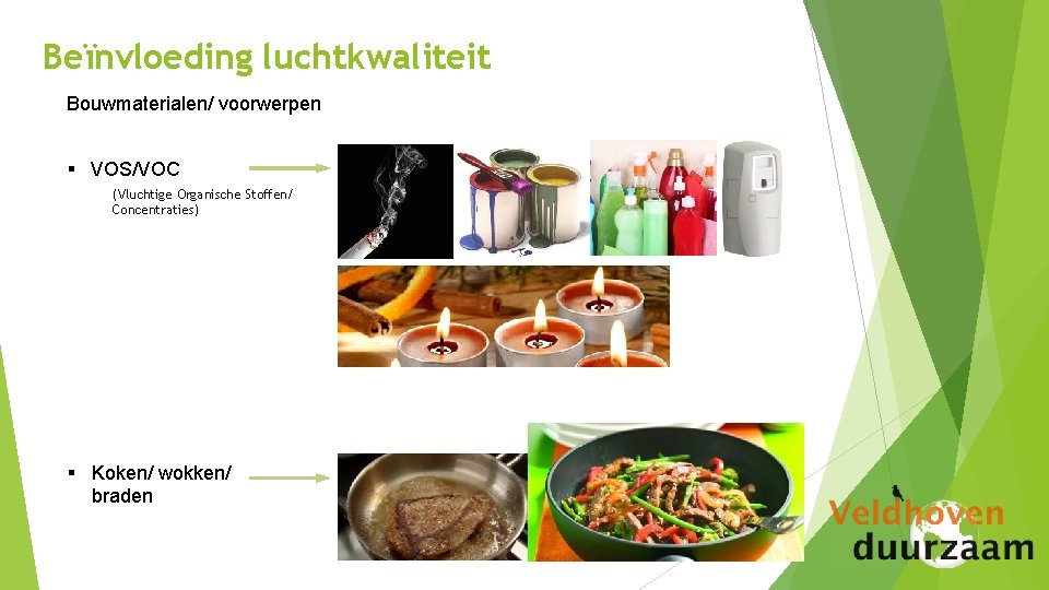 Beïnvloeding luchtkwaliteit Bouwmaterialen/ voorwerpen § VOS/VOC (Vluchtige Organische Stoffen/ Concentraties) § Koken/ wokken/ braden