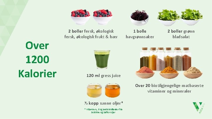 Over 1200 Kalorier 2 boller fersk, økologisk frukt & bær 1 bolle havgrønnsaker 2