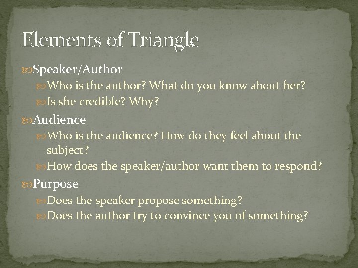 Elements of Triangle Speaker/Author Who is the author? What do you know about her?