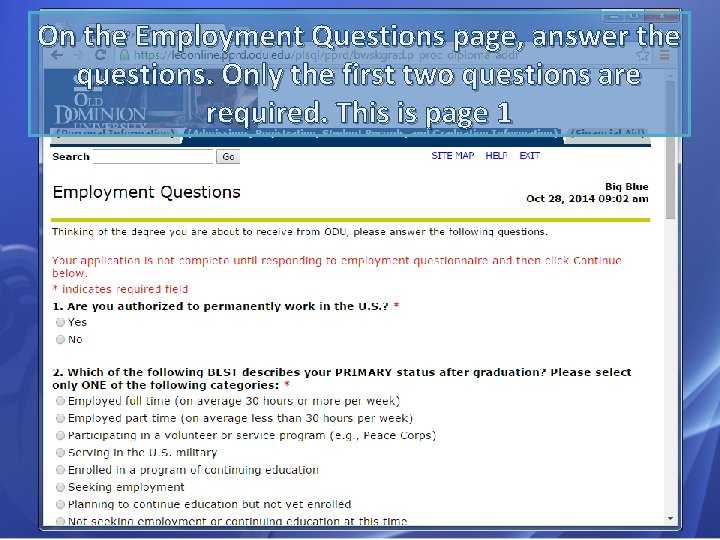 On the Employment Questions page, answer the questions. Only the first two questions are