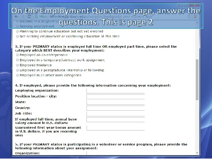 On the Employment Questions page, answer the questions. This is page 2 