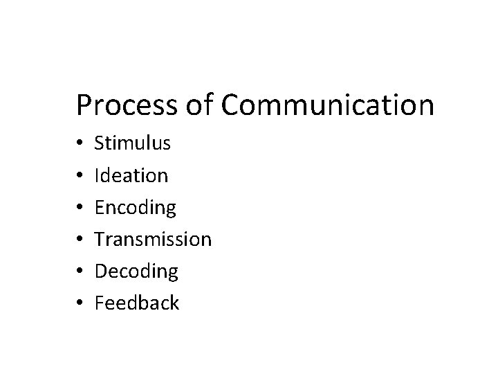 Process of Communication • • • Stimulus Ideation Encoding Transmission Decoding Feedback 