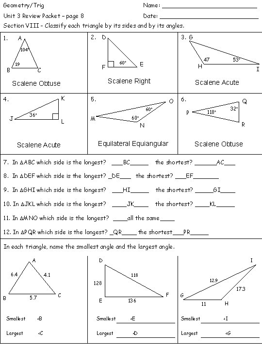 Geometry/Trig Name: _____________ Unit 3 Review Packet – page 8 Date: ______________ Section VIII