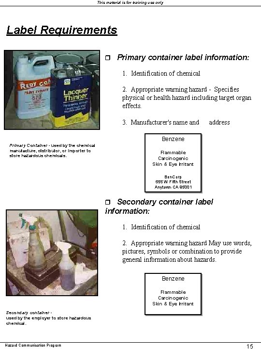 This material is for training use only Label Requirements r Primary container label information: This material is for training use only Label Requirements r Primary container label information: