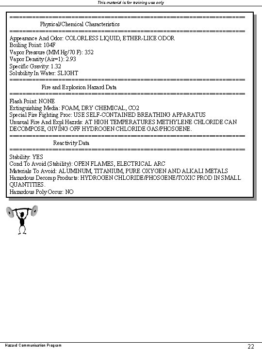 This material is for training use only ==================================== Physical/Chemical Characteristics ==================================== Appearance And Odor: This material is for training use only ==================================== Physical/Chemical Characteristics ==================================== Appearance And Odor: