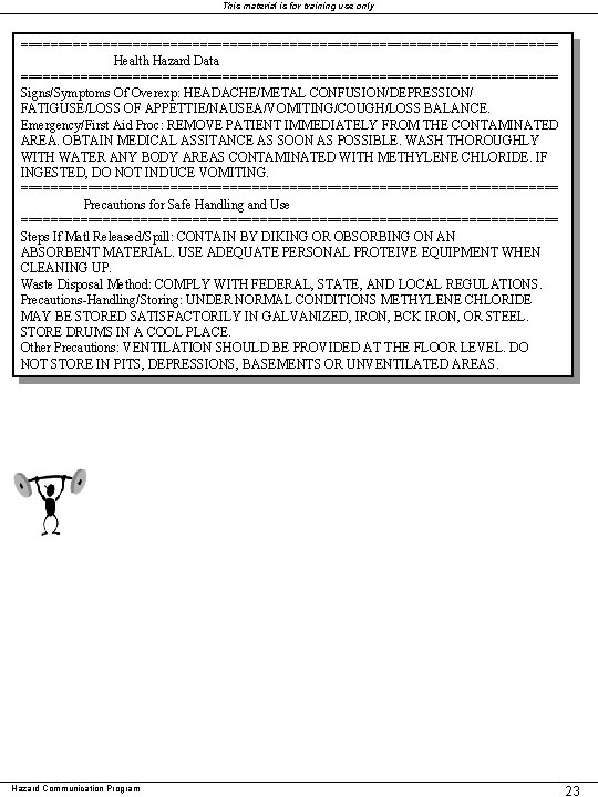 This material is for training use only ==================================== Health Hazard Data ==================================== Signs/Symptoms Of This material is for training use only ==================================== Health Hazard Data ==================================== Signs/Symptoms Of