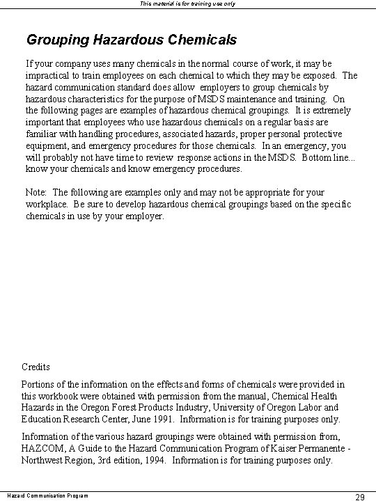 This material is for training use only Grouping Hazardous Chemicals If your company uses This material is for training use only Grouping Hazardous Chemicals If your company uses