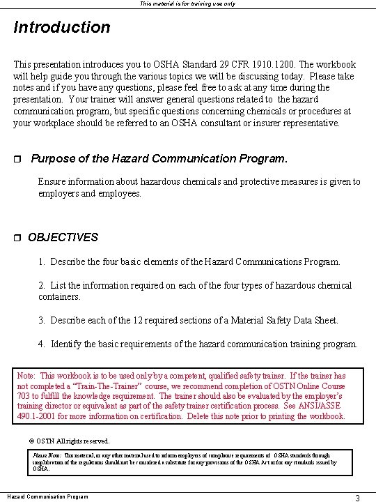 This material is for training use only Introduction This presentation introduces you to OSHA This material is for training use only Introduction This presentation introduces you to OSHA