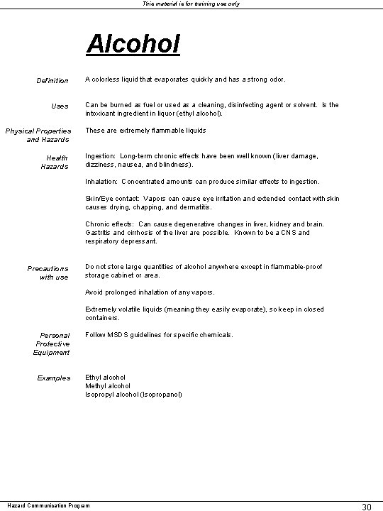 This material is for training use only Alcohol Definition Uses Physical Properties and Hazards This material is for training use only Alcohol Definition Uses Physical Properties and Hazards