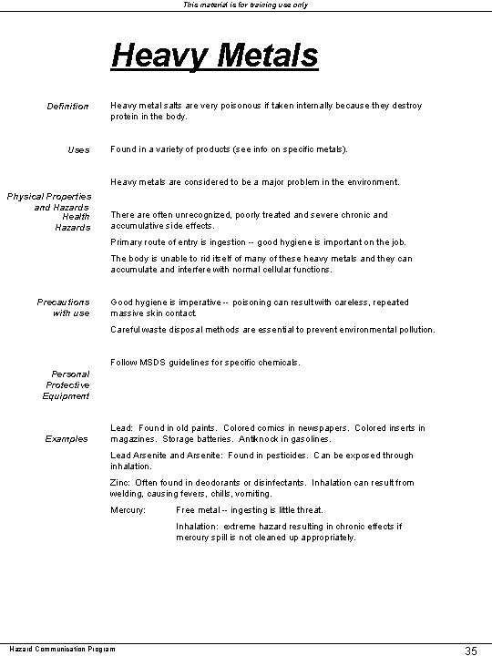 This material is for training use only Heavy Metals Definition Uses Heavy metal salts This material is for training use only Heavy Metals Definition Uses Heavy metal salts