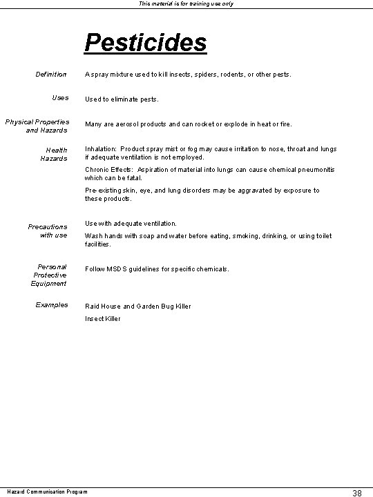 This material is for training use only Pesticides Definition Uses Physical Properties and Hazards This material is for training use only Pesticides Definition Uses Physical Properties and Hazards