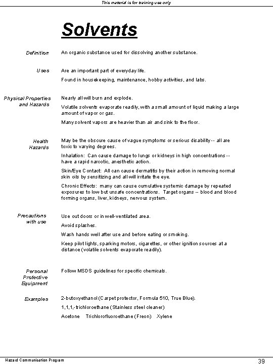 This material is for training use only Solvents Definition Uses An organic substance used This material is for training use only Solvents Definition Uses An organic substance used