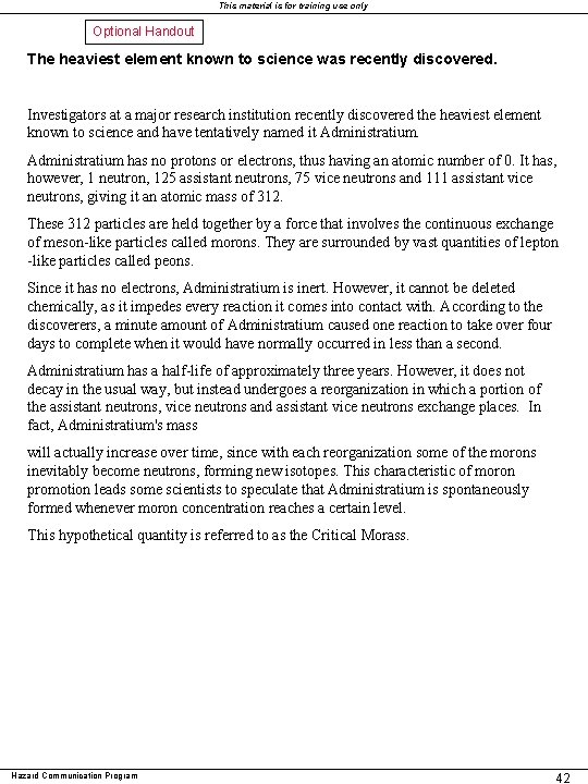 This material is for training use only Optional Handout The heaviest element known to This material is for training use only Optional Handout The heaviest element known to